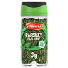 A clear plastic jar of Schwartz Parsley, 3G, is shown against a white background, featuring a green and black lid.