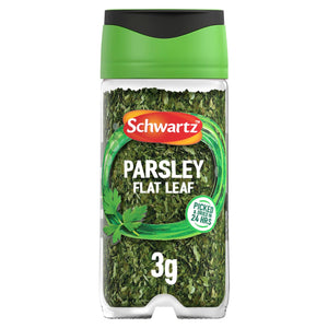 A clear plastic jar of Schwartz Parsley, 3G, is shown against a white background, featuring a green and black lid.