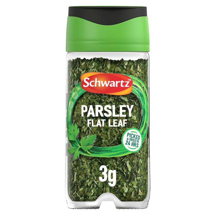 A clear plastic jar of Schwartz Parsley, 3G, is shown against a white background, featuring a green and black lid.