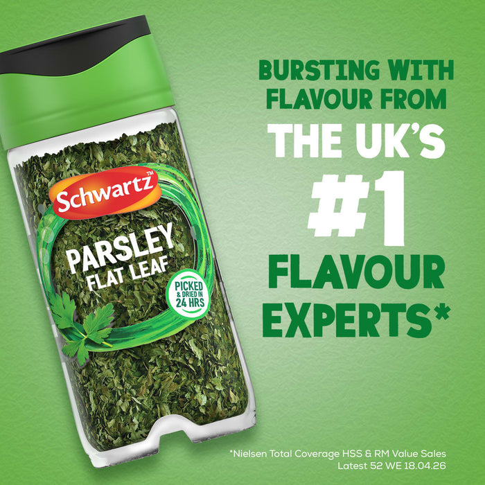 An advertisement for Schwartz Parsley, 3G, features the jar on a green background, proclaiming it is bursting with flavour from the UKs number 1 flavour experts.