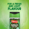 A jar of Schwartz Parsley, 3G, is shown against a vibrant green background with the words FOR A FRESH AND LIGHT FLAVOUR at the top.