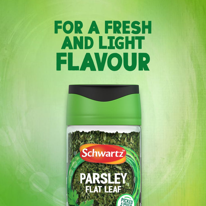 A jar of Schwartz Parsley, 3G, is shown against a vibrant green background with the words FOR A FRESH AND LIGHT FLAVOUR at the top.