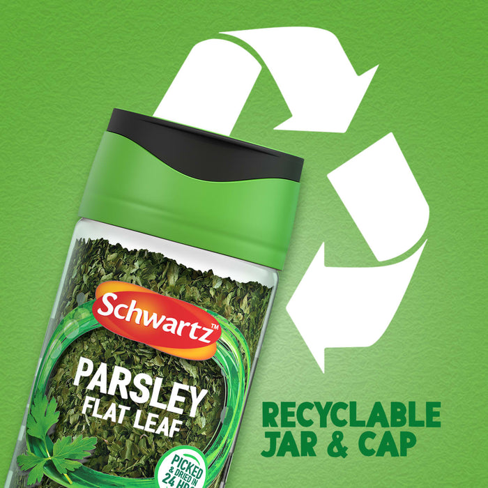 An advertisement for Schwartz Parsley, 3G highlights its recyclable jar and cap with a large recycling symbol in the background.
