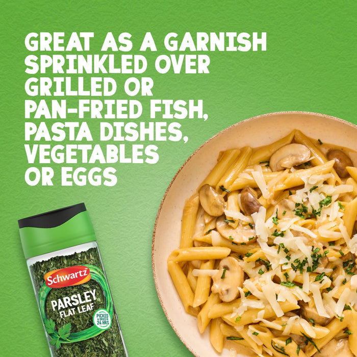 A jar of Schwartz Parsley, 3G is shown next to a bowl of creamy mushroom pasta, demonstrating its use as a garnish.