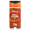 A clear glass jar filled with vibrant red spice powder featuring the Schwartz Cayenne Chilli Pepper 26G Jar label with an orange and black lid.