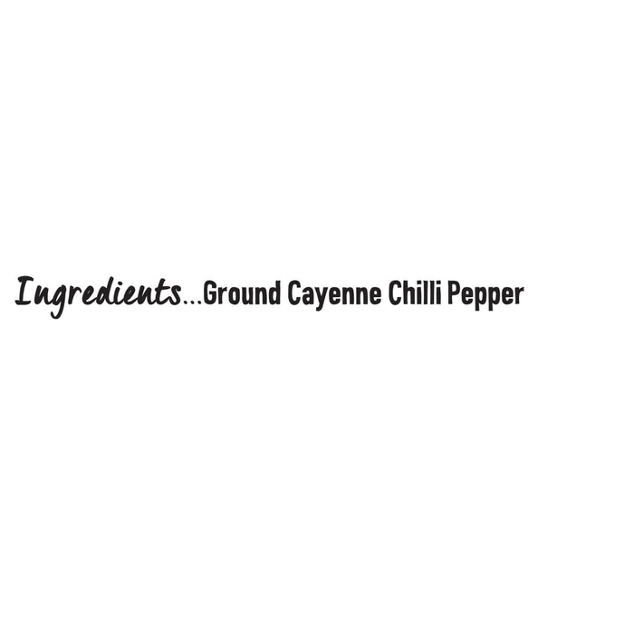 A simple graphic listing ground cayenne chilli pepper as the single ingredient for a Schwartz Cayenne Chilli Pepper 26G Jar.