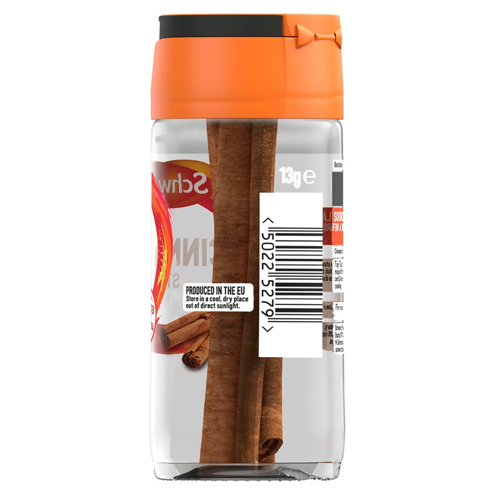 The back of a clear Schwartz Cinnamon Sticks 13G Jar, showing the cinnamon sticks inside and the product label with the barcode and storage information.