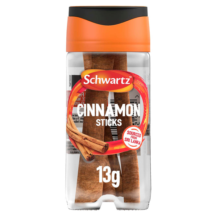 A clear plastic container of Schwartz Cinnamon Sticks 13G Jar shows whole cinnamon sticks sourced from Sri Lanka inside.