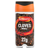 A clear glass jar of Schwartz Whole Cloves 22G Jar is shown against a white background, featuring an orange and black lid.