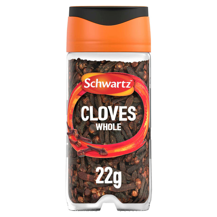 A clear glass jar of Schwartz Whole Cloves 22G Jar is shown against a white background, featuring an orange and black lid.