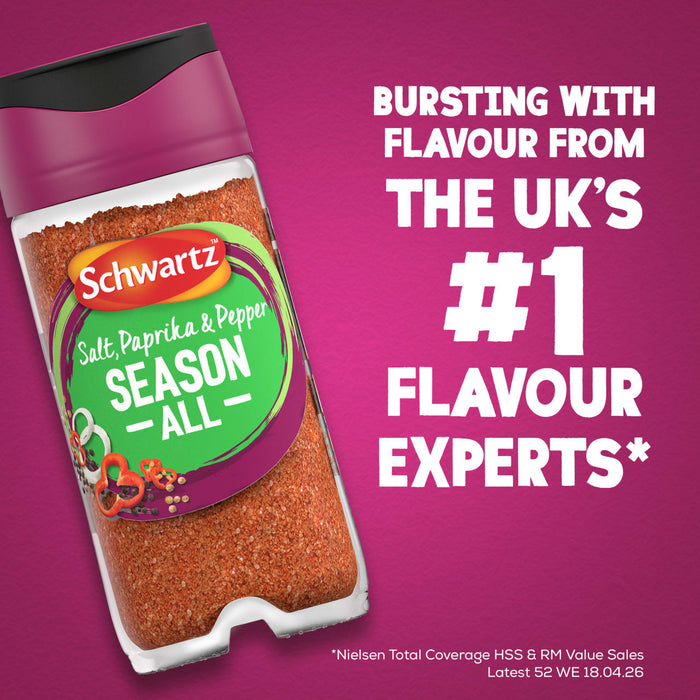 A bottle of Schwartz Salt, Paprika & Pepper Season All Seasoning 70G is displayed against a textured purple background alongside bold text claiming the brand as the UK number one flavour experts.