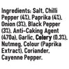 The ingredients list for Schwartz Salt, Paprika & Pepper Season All Seasoning 70G, detailing components such as salt, chilli pepper, and paprika.