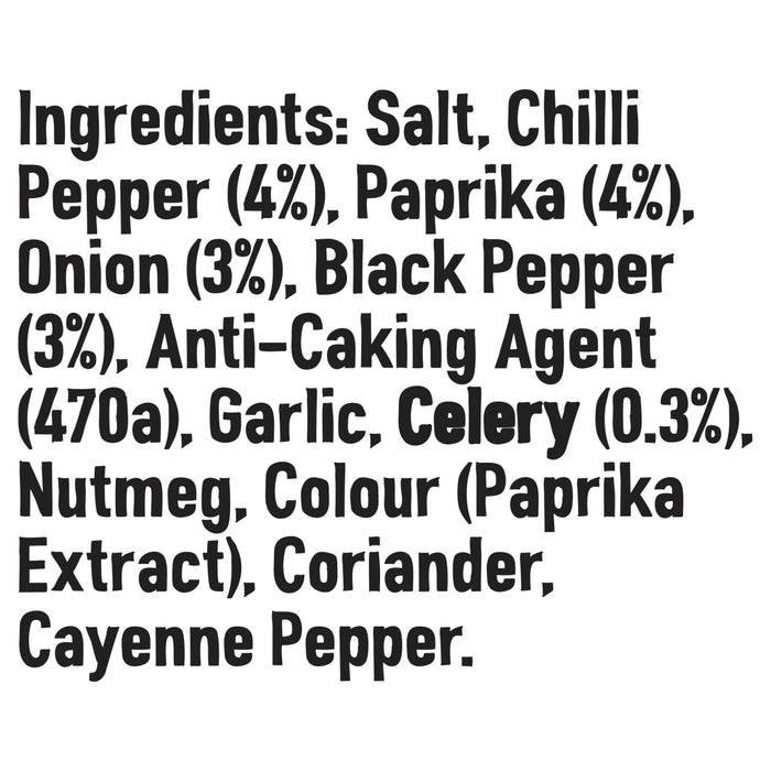The ingredients list for Schwartz Salt, Paprika & Pepper Season All Seasoning 70G, detailing components such as salt, chilli pepper, and paprika.