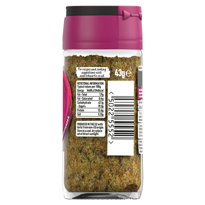 The back of a glass jar of Schwartz Garlic Italian Seasoning 43G is shown, displaying the nutritional information, barcode, and storage instructions.