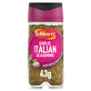 A clear jar of Schwartz Garlic Italian Seasoning 43G is shown against a white background, featuring a magenta label with illustrations of garlic.