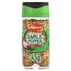 A clear plastic container of Schwartz Garlic Pepper 45G Jar is shown against a white background, featuring a green and black lid.