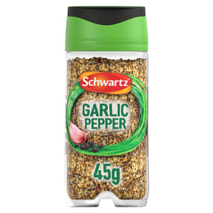 A clear plastic container of Schwartz Garlic Pepper 45G Jar is shown against a white background, featuring a green and black lid.