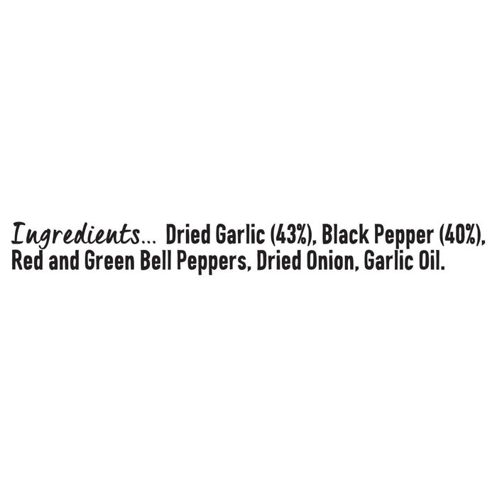 The ingredients list for Schwartz Garlic Pepper 45G Jar, which includes dried garlic, black pepper, red and green bell peppers, dried onion, and garlic oil.