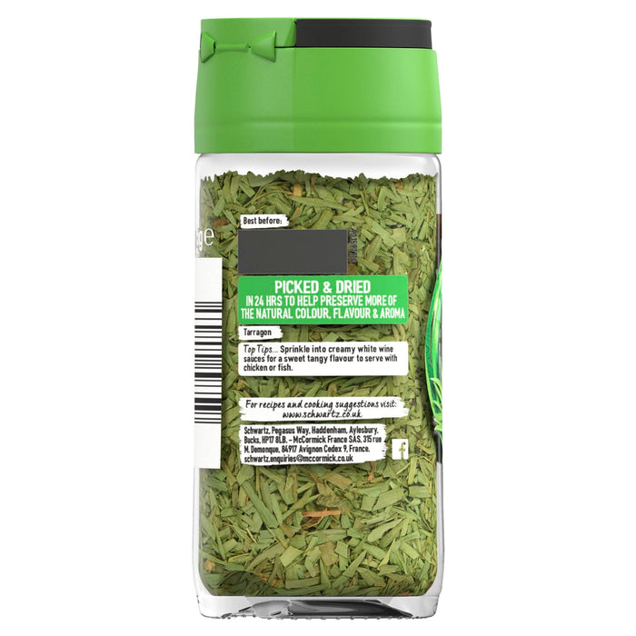 A clear glass Schwartz Tarragon 5G Jar filled with dried green herb leaves features a back label with cooking tips and brand contact information.