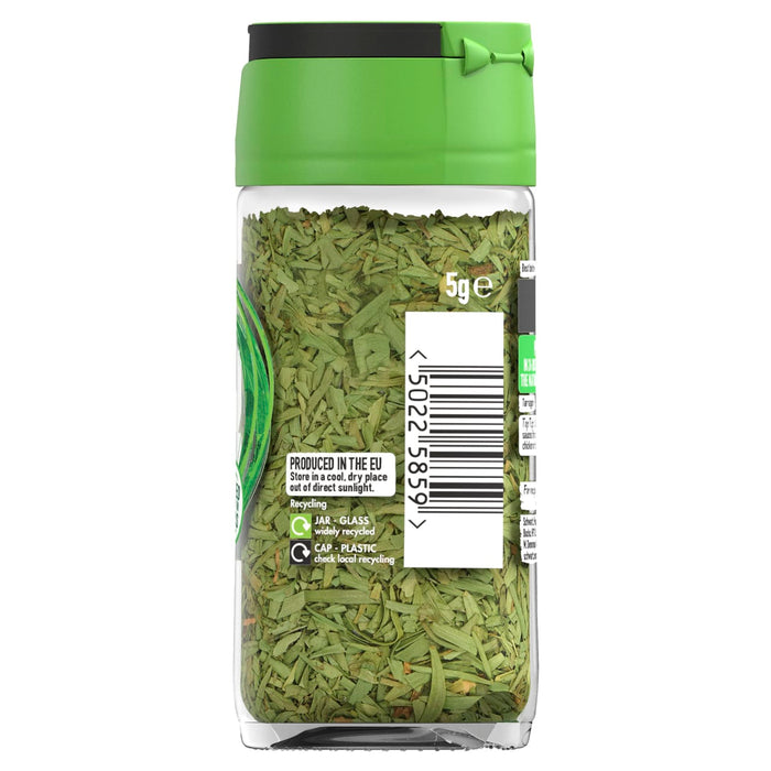 A clear glass Schwartz Tarragon 5G Jar filled with dried green herb leaves features a white barcode label and recycling information.