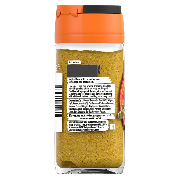 A glass jar of Schwartz spice blend with coriander seed, cumin seed and cardamom featuring an orange cap and a back label detailing ingredients and recipe tips.