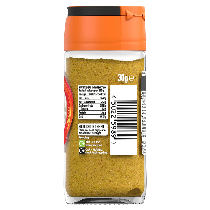 A clear glass jar of Schwartz Garam Masala, 30G, with an orange cap, displaying nutritional information and recycling symbols on its label.