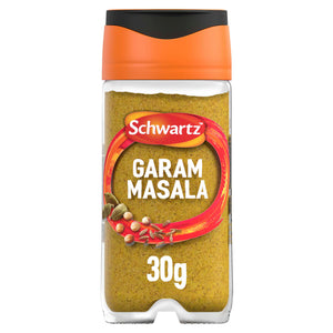 This product image features a clear Schwartz Garam Masala 30G Jar filled with the ground spice blend, set against a plain white background.
