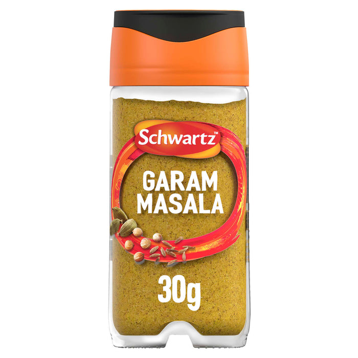 This product image features a clear Schwartz Garam Masala 30G Jar filled with the ground spice blend, set against a plain white background.
