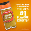 An advertisement shows a jar of Schwartz Garam Masala, 30G, against a vibrant orange background with the text, Bursting with flavour from the UKs number 1 flavour experts.