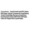 A list of ingredients for Schwartz Garam Masala 30G Jar including ground coriander seed, allspice, black pepper, cumin, cardamom, ground nutmeg, turmeric, ground ginger, bay leaves, ground cloves, ground cinnamon, chilli powder, salt, oregano, garlic, and cayenne pepper.