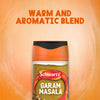 A jar of Schwartz Garam Masala, 30G, is shown against a warm orange background with the text WARM AND AROMATIC BLEND at the top.