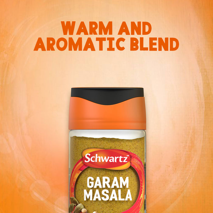 A jar of Schwartz Garam Masala, 30G, is shown against a warm orange background with the text WARM AND AROMATIC BLEND at the top.