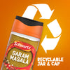 A jar of Schwartz Garam Masala, 30G, is displayed against an orange background with a large white recycling symbol and the words RECYCLABLE JAR & CAP.
