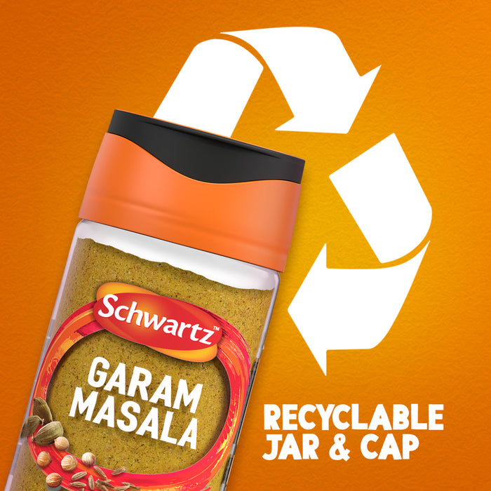 A jar of Schwartz Garam Masala, 30G, is displayed against an orange background with a large white recycling symbol and the words RECYCLABLE JAR & CAP.