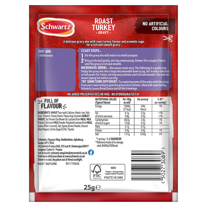 The back of a packet of Schwartz Classic Roast Turkey Gravy Mix 25 G 