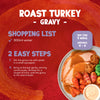This infographic provides a shopping list and two easy steps for preparing Schwartz Classic Roast Turkey Gravy Mix 25G, shown alongside a plated roast turkey dinner.