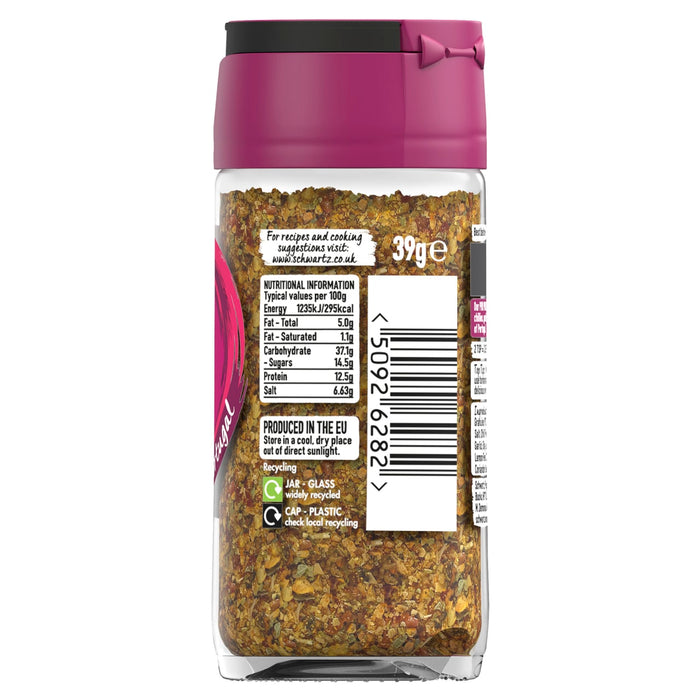The back of a glass jar of Schwartz Piri Piri Seasoning, 39G, displays the nutritional information, barcode, and recycling instructions.