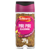 A clear glass jar of Schwartz Piri Piri Seasoning, 39G, is shown against a white background, featuring a vibrant pink label and a matching pink and black lid.