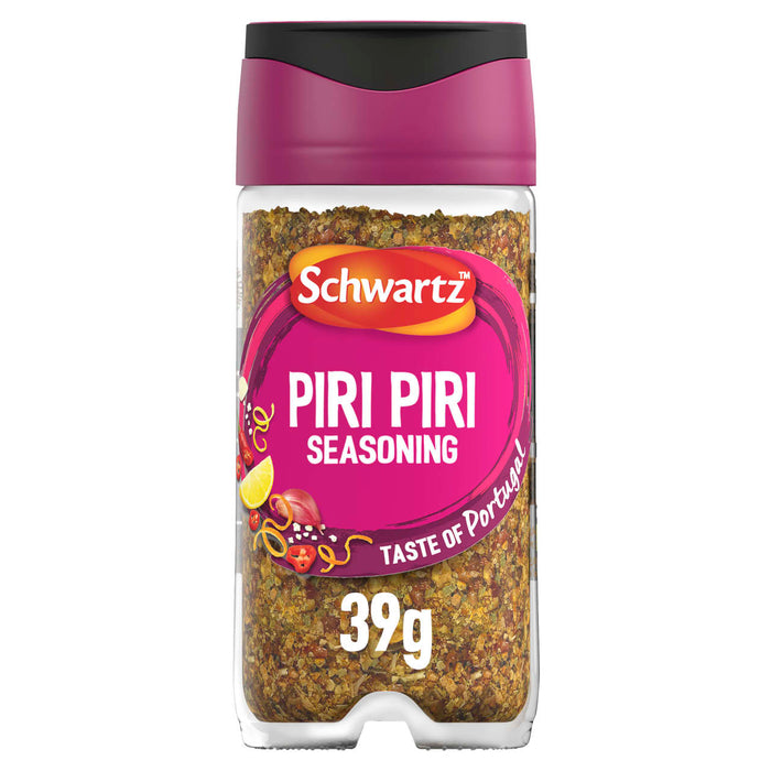 A clear glass jar of Schwartz Piri Piri Seasoning, 39G, is shown against a white background, featuring a vibrant pink label and a matching pink and black lid.