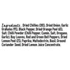 The ingredients list for Schwartz Piri Piri Seasoning, 39G, is shown in bold black text on a white background, starting with dried chillies, dried onion, and garlic granules.