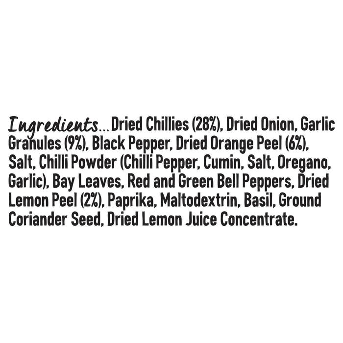 The ingredients list for Schwartz Piri Piri Seasoning, 39G, is shown in bold black text on a white background, starting with dried chillies, dried onion, and garlic granules.
