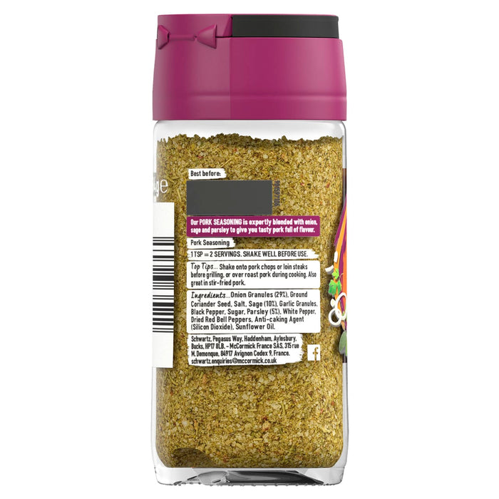 The back label of a jar of Schwartz Sage and Onion Pork Seasoning 34G displays the ingredients list including onion granules, ground coriander seed, and sage alongside usage tips for grilling and roasting.