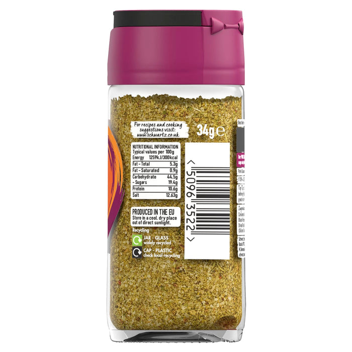 A clear glass jar of Schwartz Sage & Onion Pork Seasoning 34G showing the nutritional information and recycling instructions on the back label