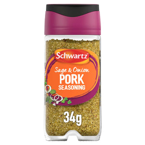 A clear glass jar of Schwartz Sage & Onion Pork Seasoning 34G featuring a vibrant orange and purple label with a dark pink cap.