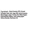 A list of ingredients for Schwartz Sage and Onion Pork Seasoning 34G including onion granules, ground coriander seed, salt, sage, garlic granules, black pepper, sugar, parsley, white pepper, dried red bell peppers, anti-caking agent, and sunflower oil.