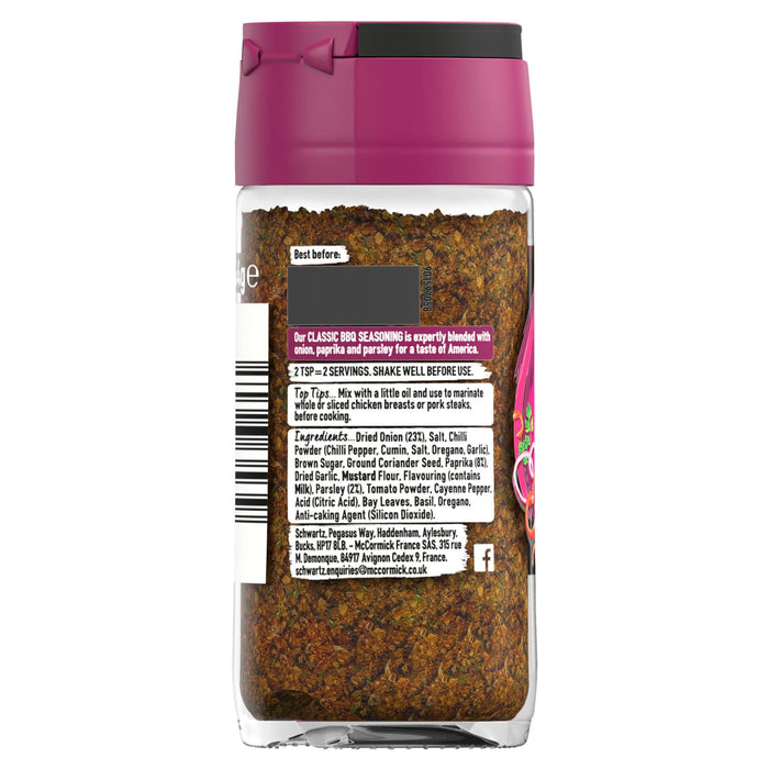 The back of a jar of Schwartz Classic Bbq Seasoning 44G, showing the label with ingredients, usage tips, and company information.