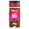 A clear plastic jar of Schwartz Classic Bbq Seasoning 44G is shown against a white background, featuring a magenta and black lid and a matching magenta label.