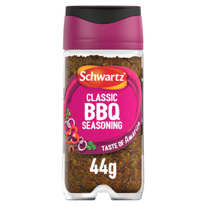 A clear plastic jar of Schwartz Classic Bbq Seasoning 44G is shown against a white background, featuring a magenta and black lid and a matching magenta label.
