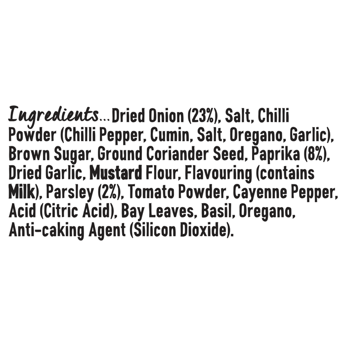 The ingredients list for Schwartz Classic Bbq Seasoning 44G is clearly displayed, detailing components such as dried onion, salt, chilli powder, and paprika.