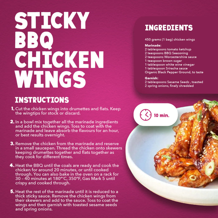 This recipe infographic for sticky BBQ chicken wings features a bowl of glazed wings garnished with sesame seeds and spring onions and includes Schwartz Classic Bbq Seasoning 44G as a key marinade ingredient.